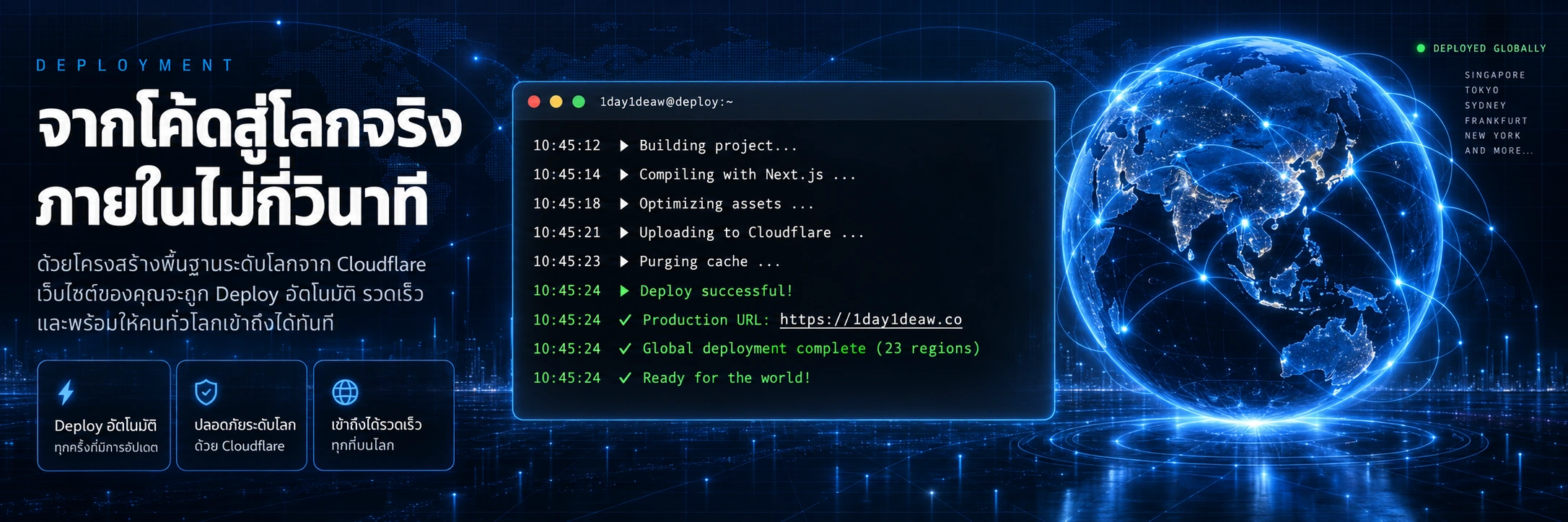 จากโค้ดสู่โลกจริงภายในไม่กี่นาที ด้วย Cloudflare Deploy อัตโนมัติ ปลอดภัยระดับโลก เข้าถึงได้รวดเร็วทุกที่ในโลก